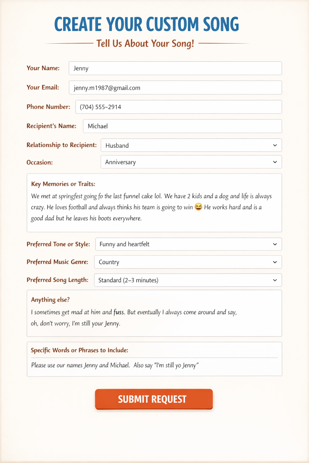 Customer song request form example