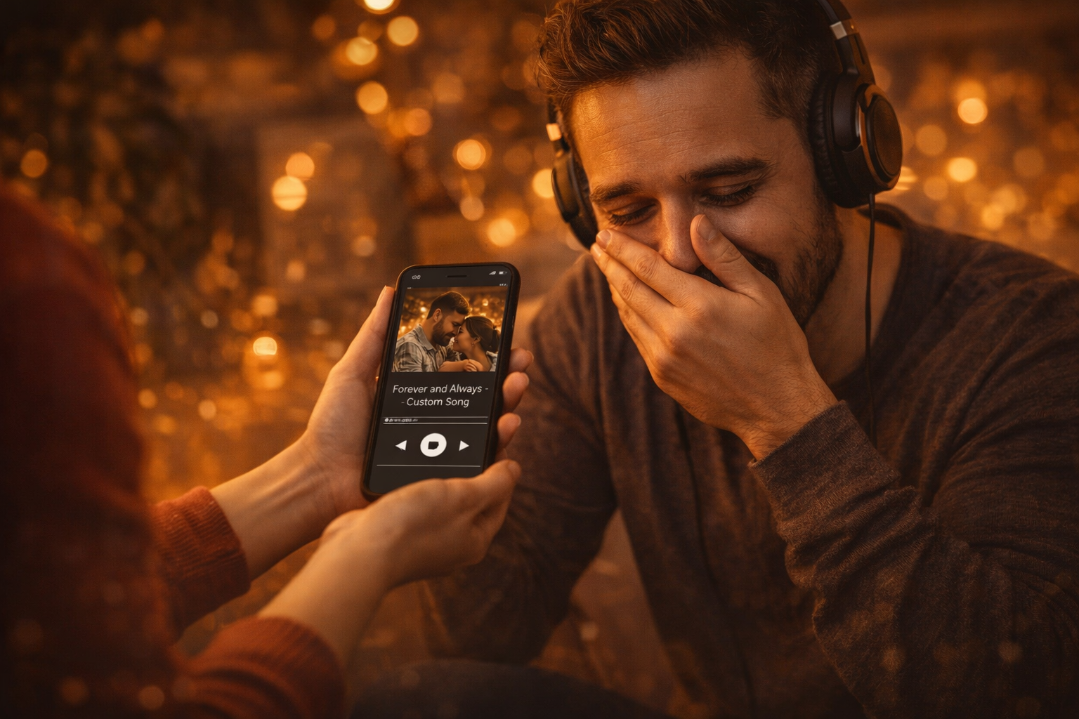 Phone with custom song playing next to headphones